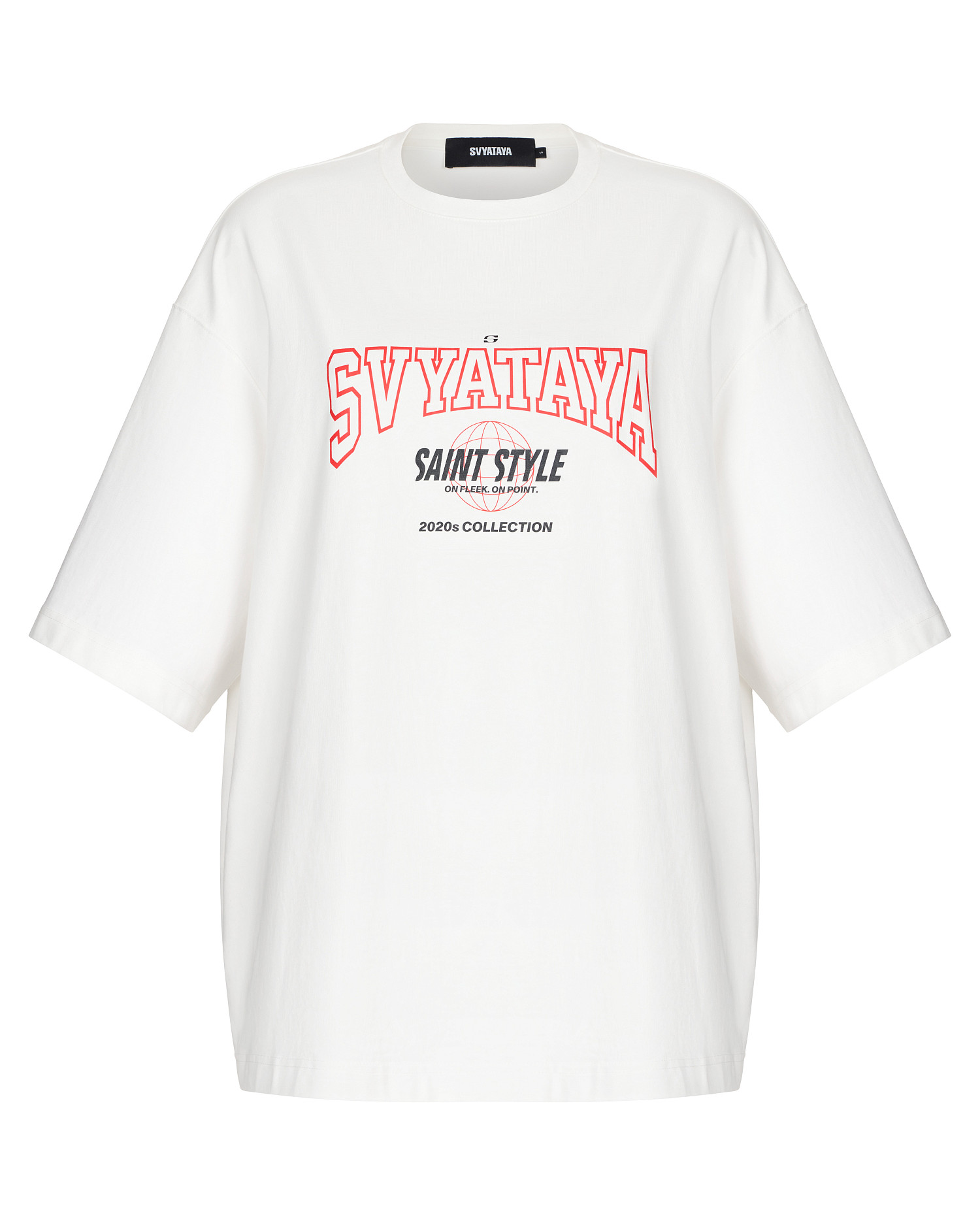 Футболка oversize с красным принтом, молочный - Фото 1