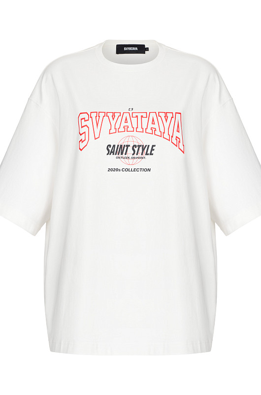 Футболка oversize с красным принтом, молочный - Фото 1