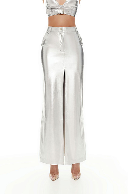 Юбка с фольгированным эффектом, серебро - Фото 2