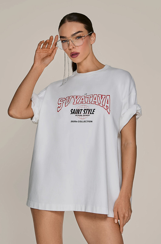 Футболка oversize с красным принтом, молочный - Фото 6