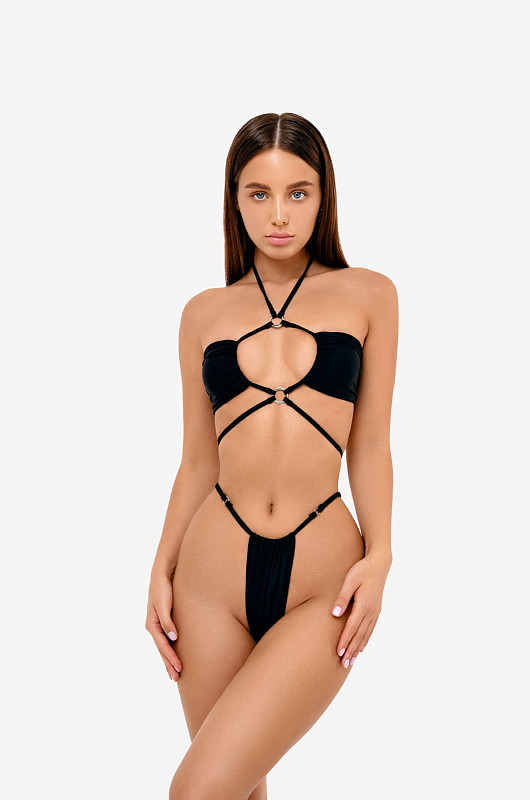 Купальник с декоративными кольцами, черный - Фото 1