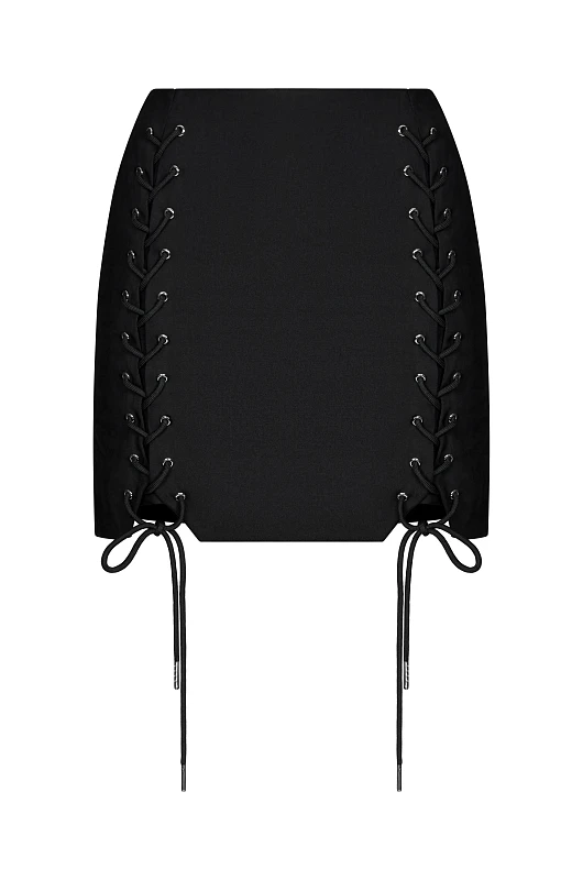 Юбка мини со шнуровкой, черный - Фото 1